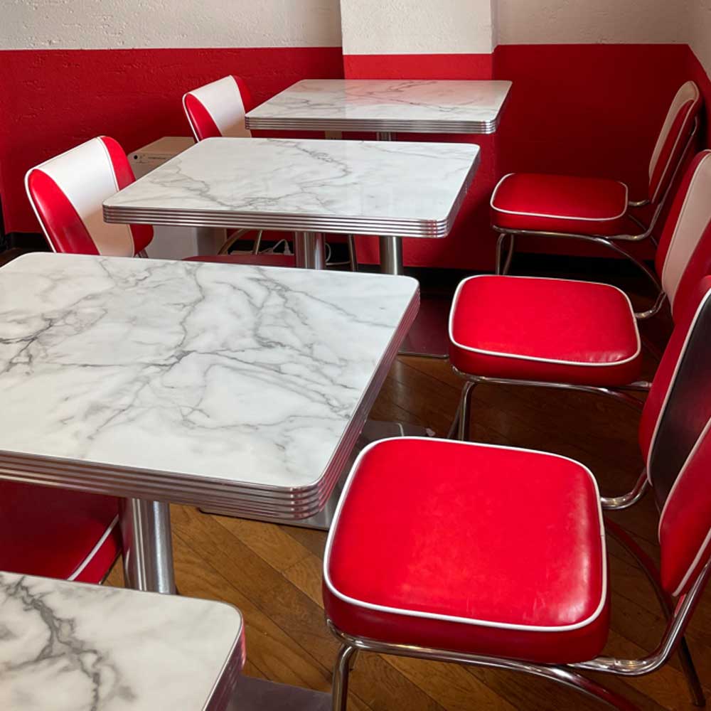 new design marble top style 1950s retro diner tables from Bruno’s Pizza diner in Nara Japan